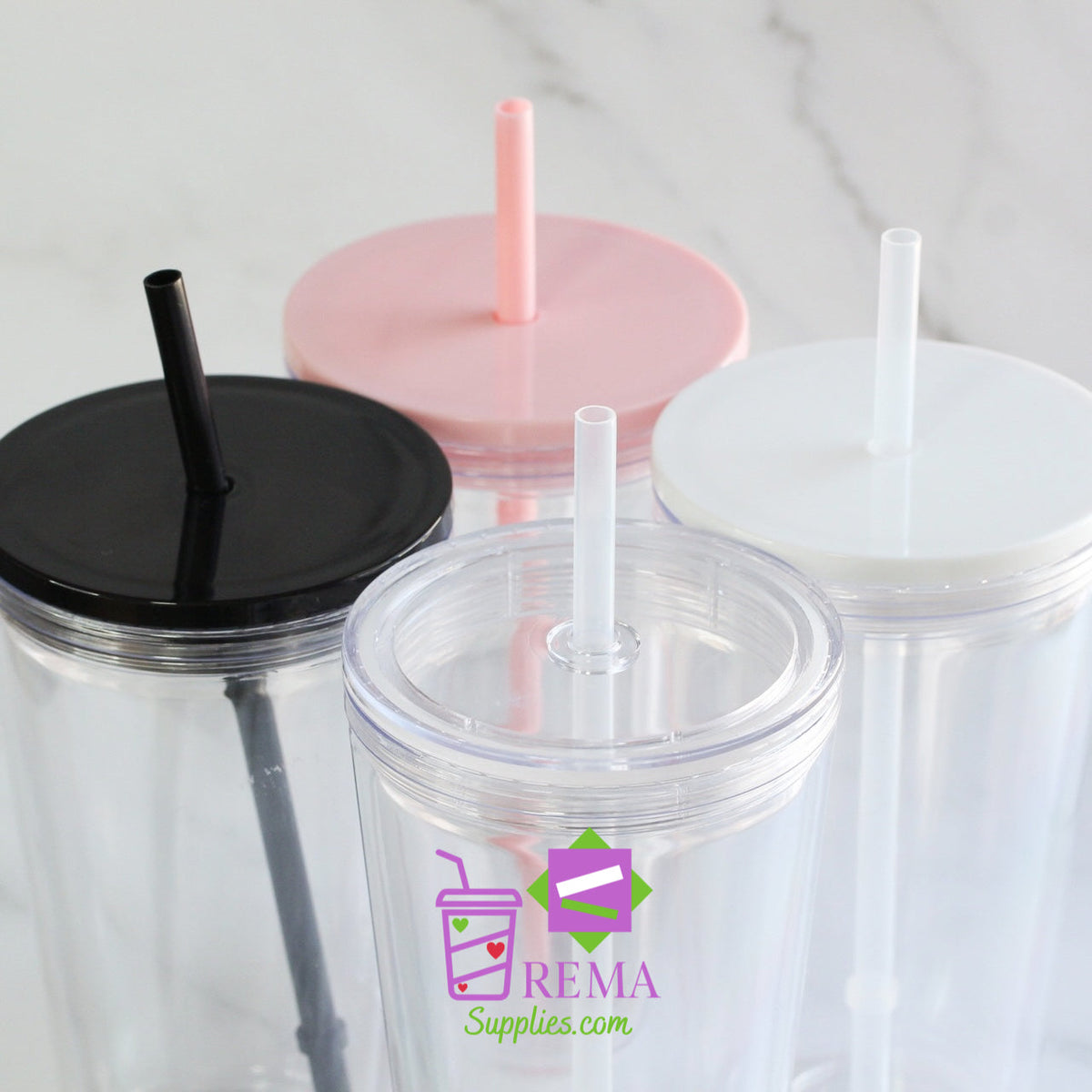 Pre- Drilled Double Wall Tumbler, Clear Lid/Straw – REMA